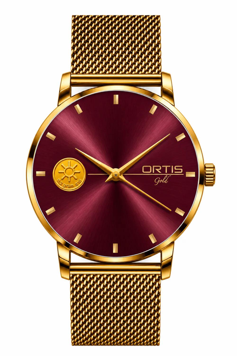 Burgundy Red Dial Gold Mesh Watch for Men