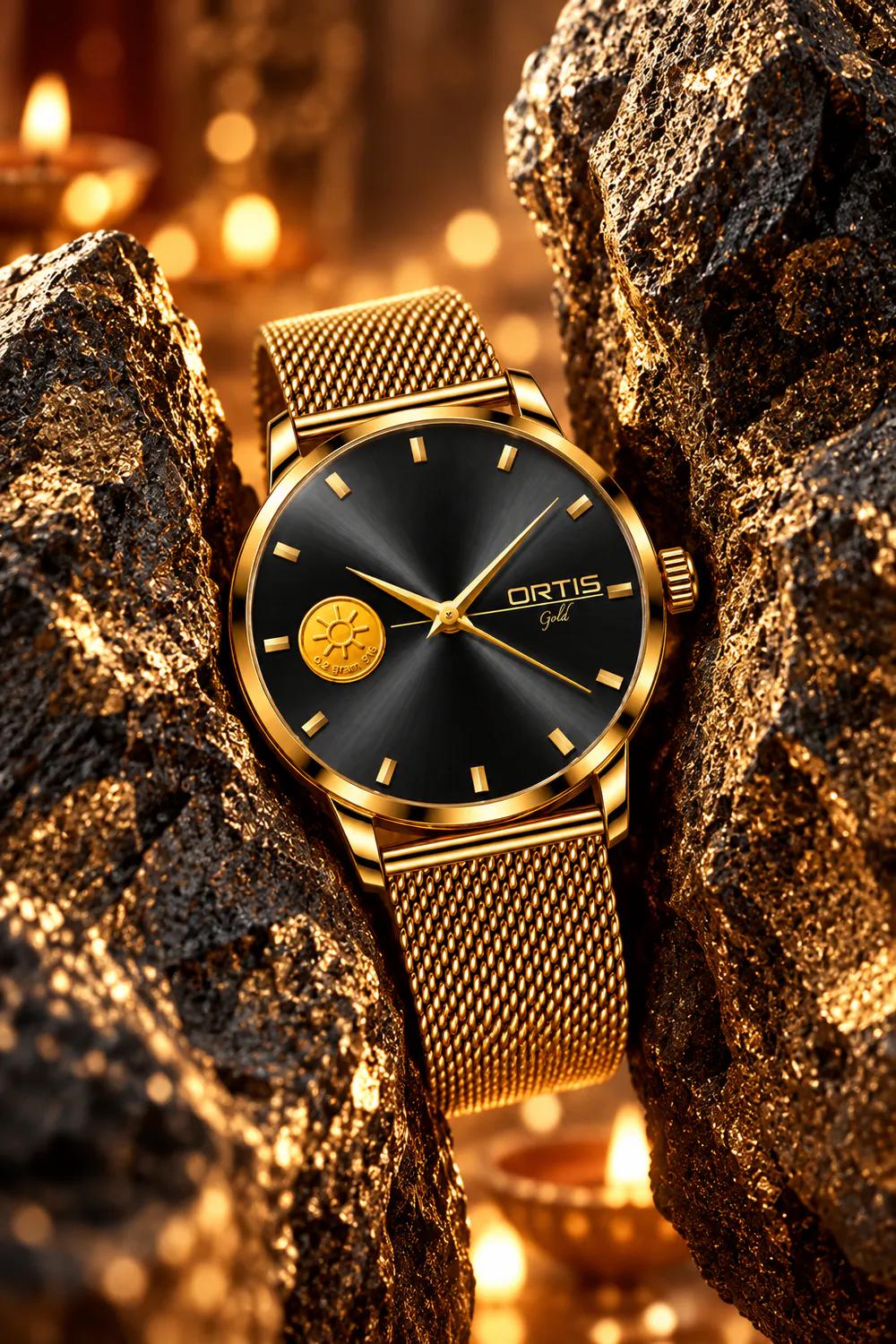 ORTIS men's gold mesh watch with a midnight black dial resting between dark gold-flecked rocks