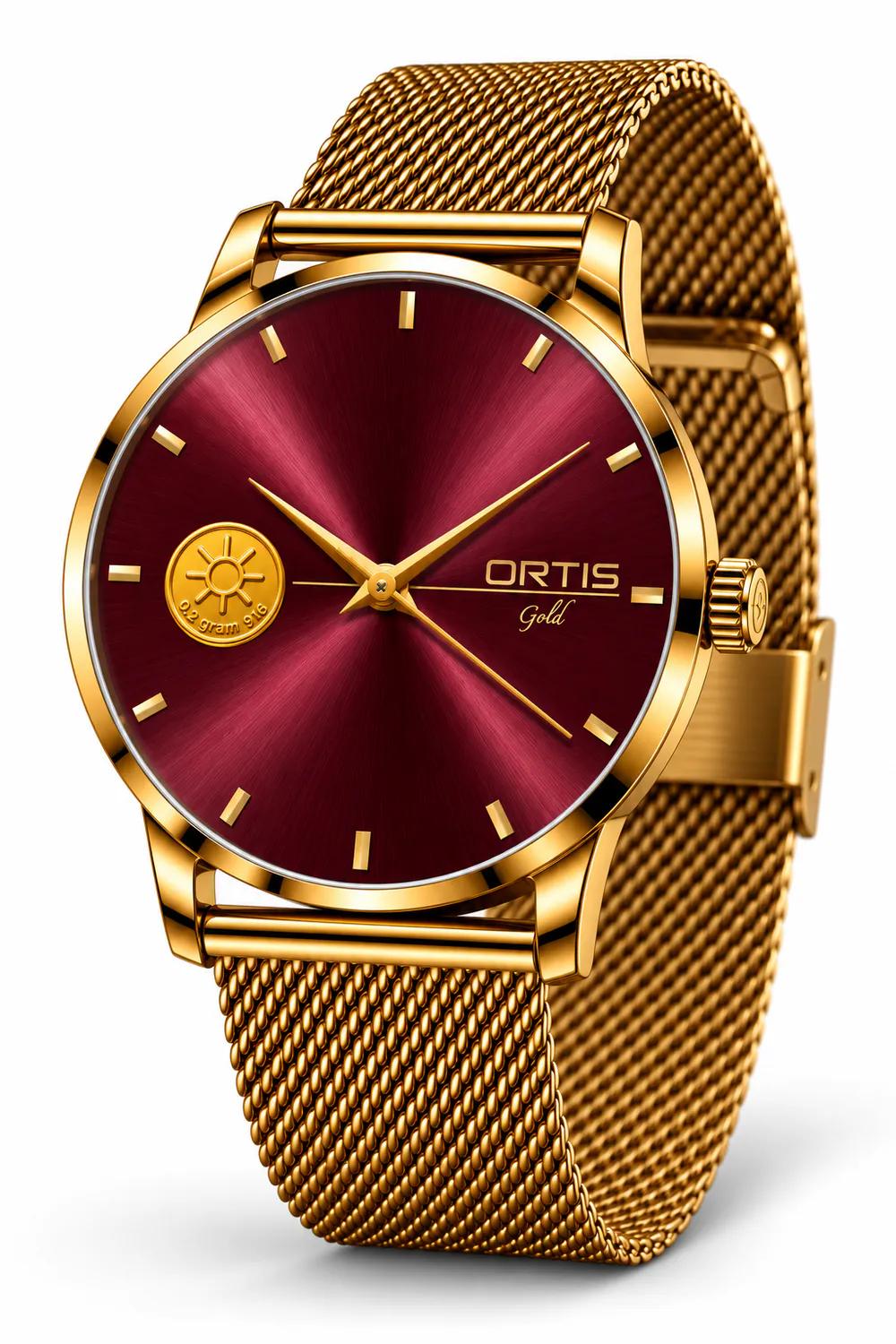 ORTIS men's burgundy dial watch, angled view