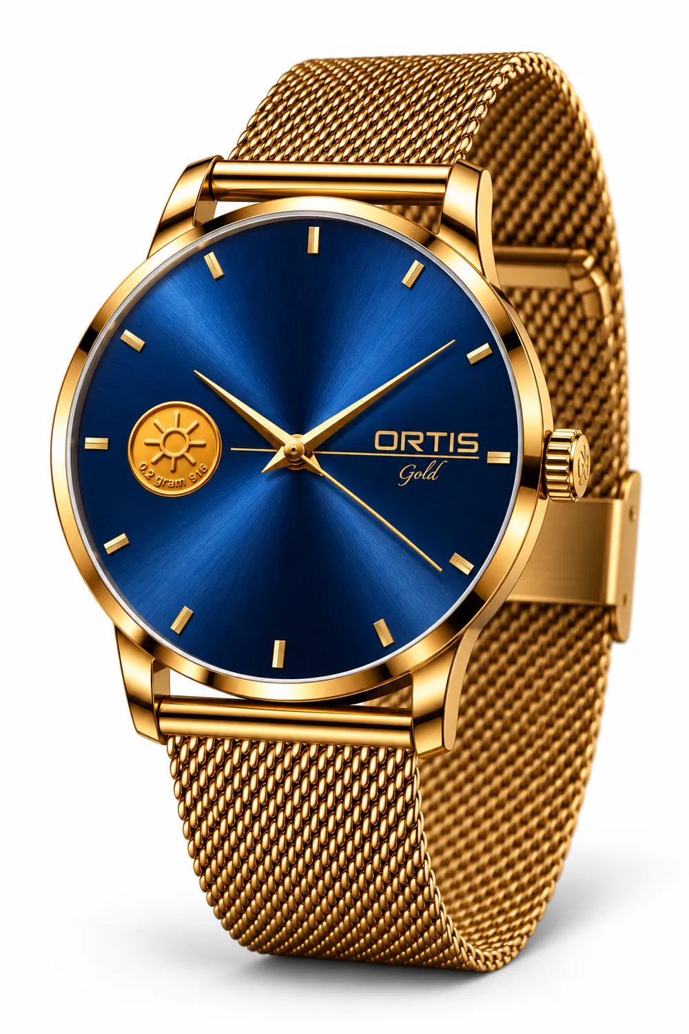 ORTIS men's royal blue dial watch, angled view