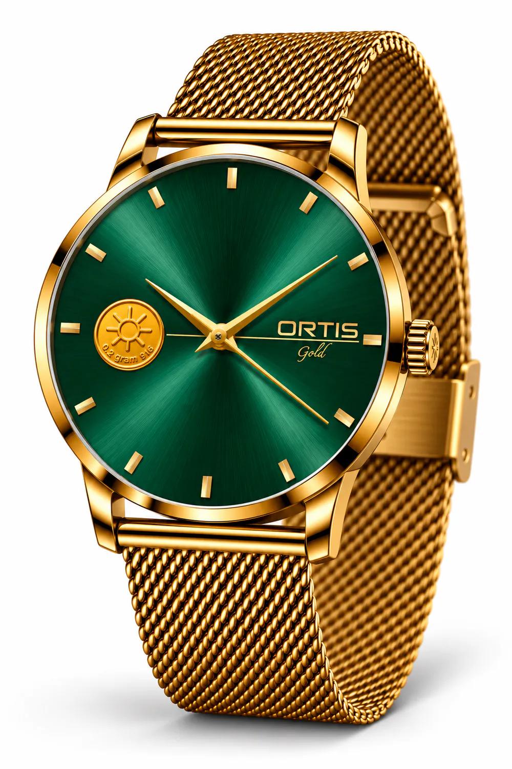 ORTIS men's emerald green dial watch, angled view