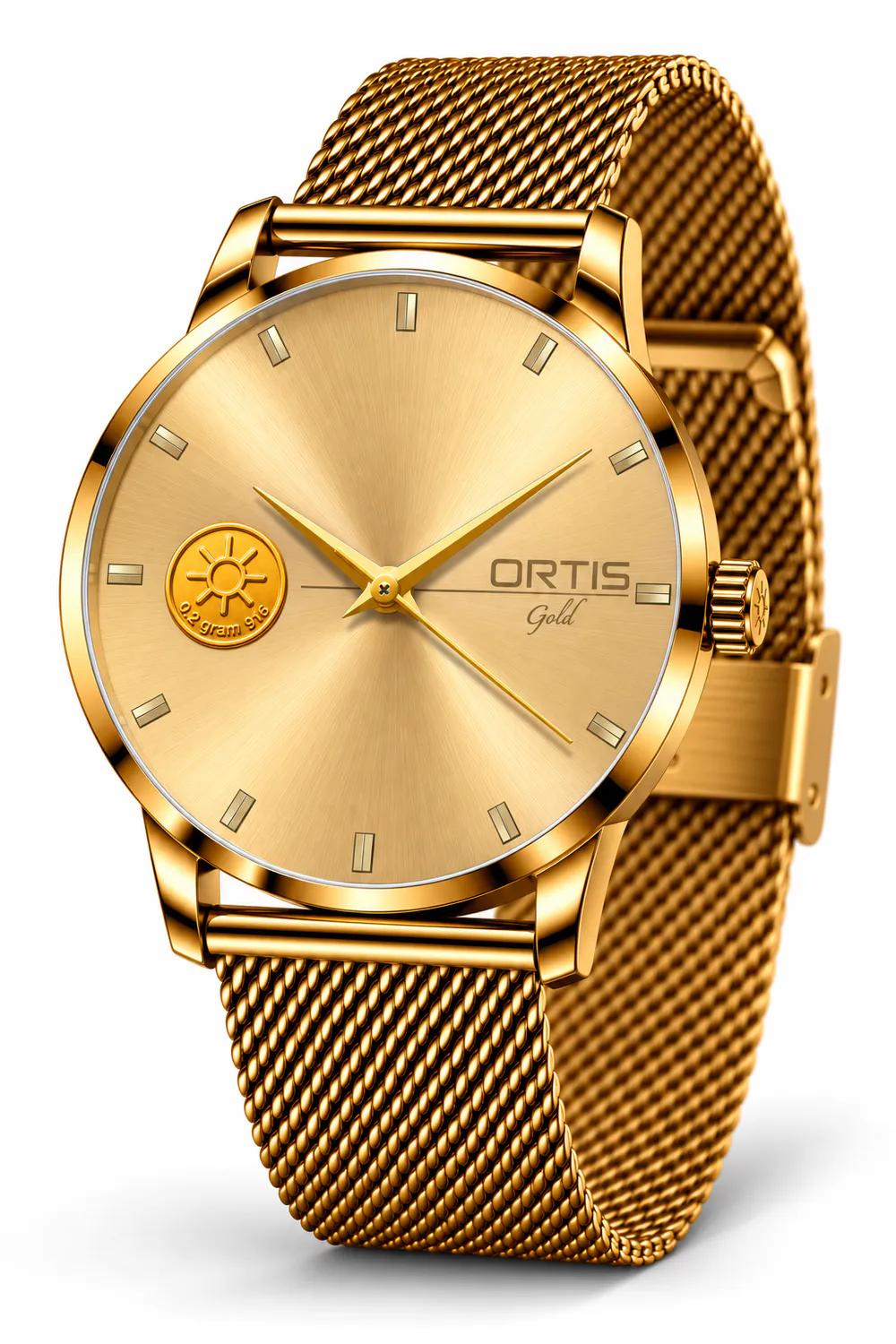 ORTIS men's champagne gold dial watch, angled view