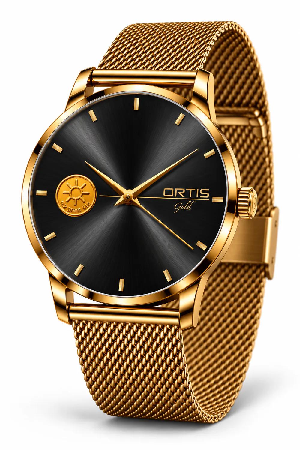 ORTIS men's black dial watch, angled view