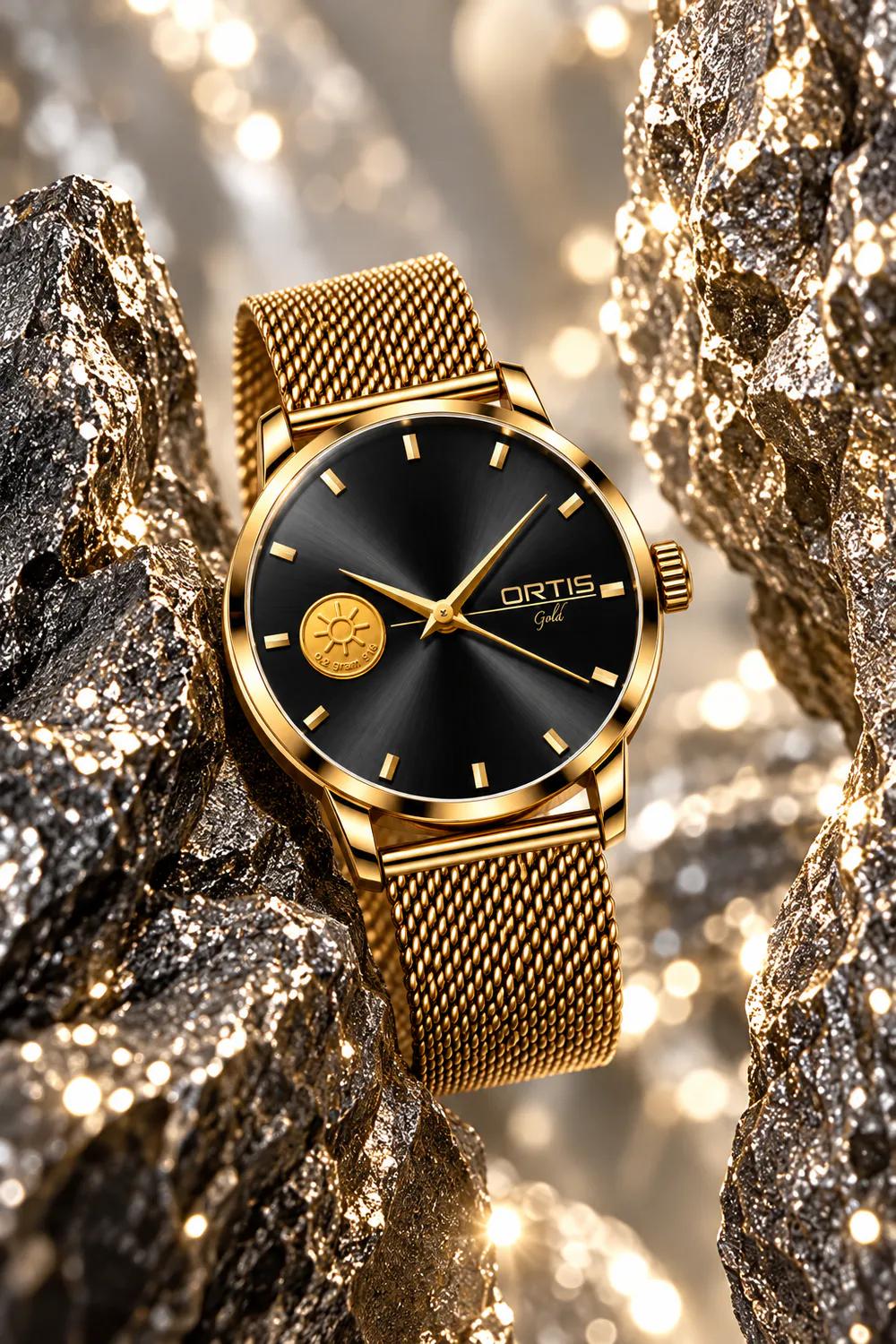ORTIS men's black dial watch among glittering rocks