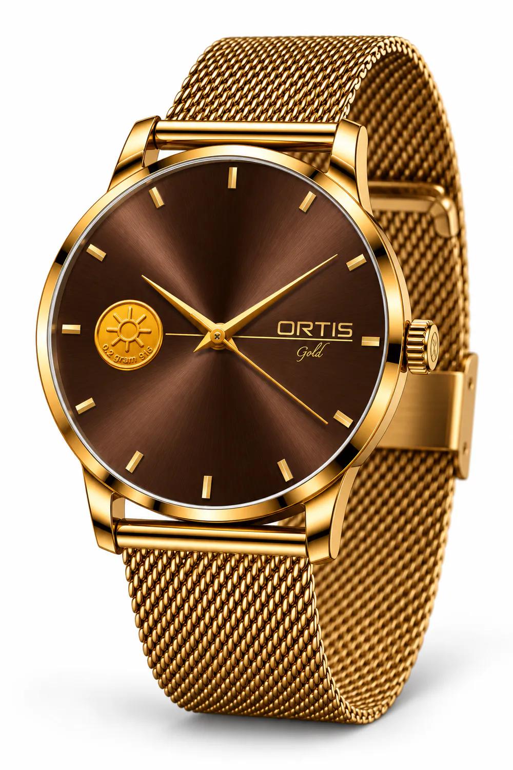 ORTIS men's brown dial watch, angled view