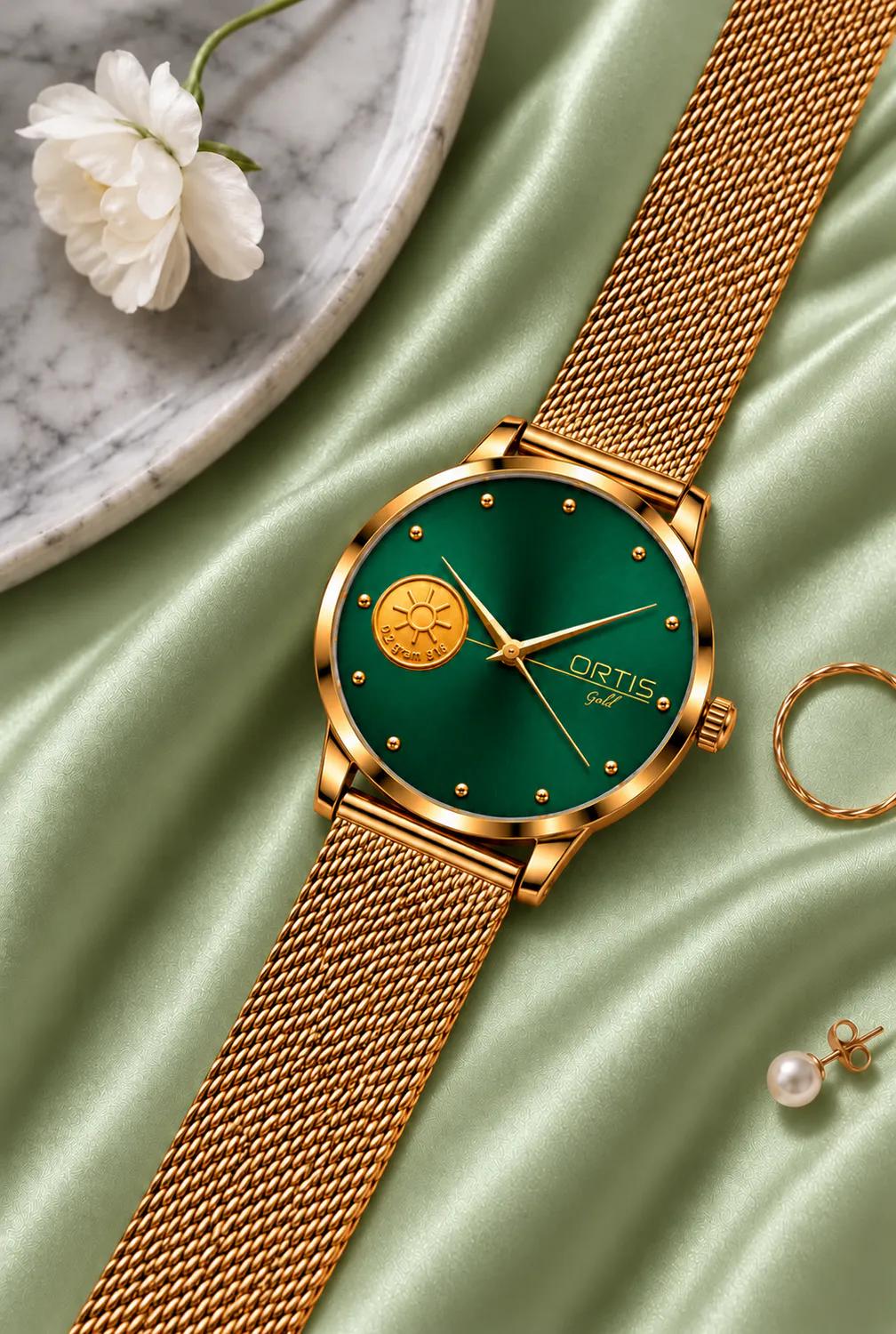 ORTIS women's green dial watch on sage satin