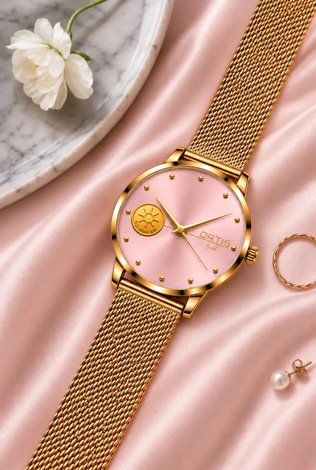 ORTIS women's pink dial watch on pink satin