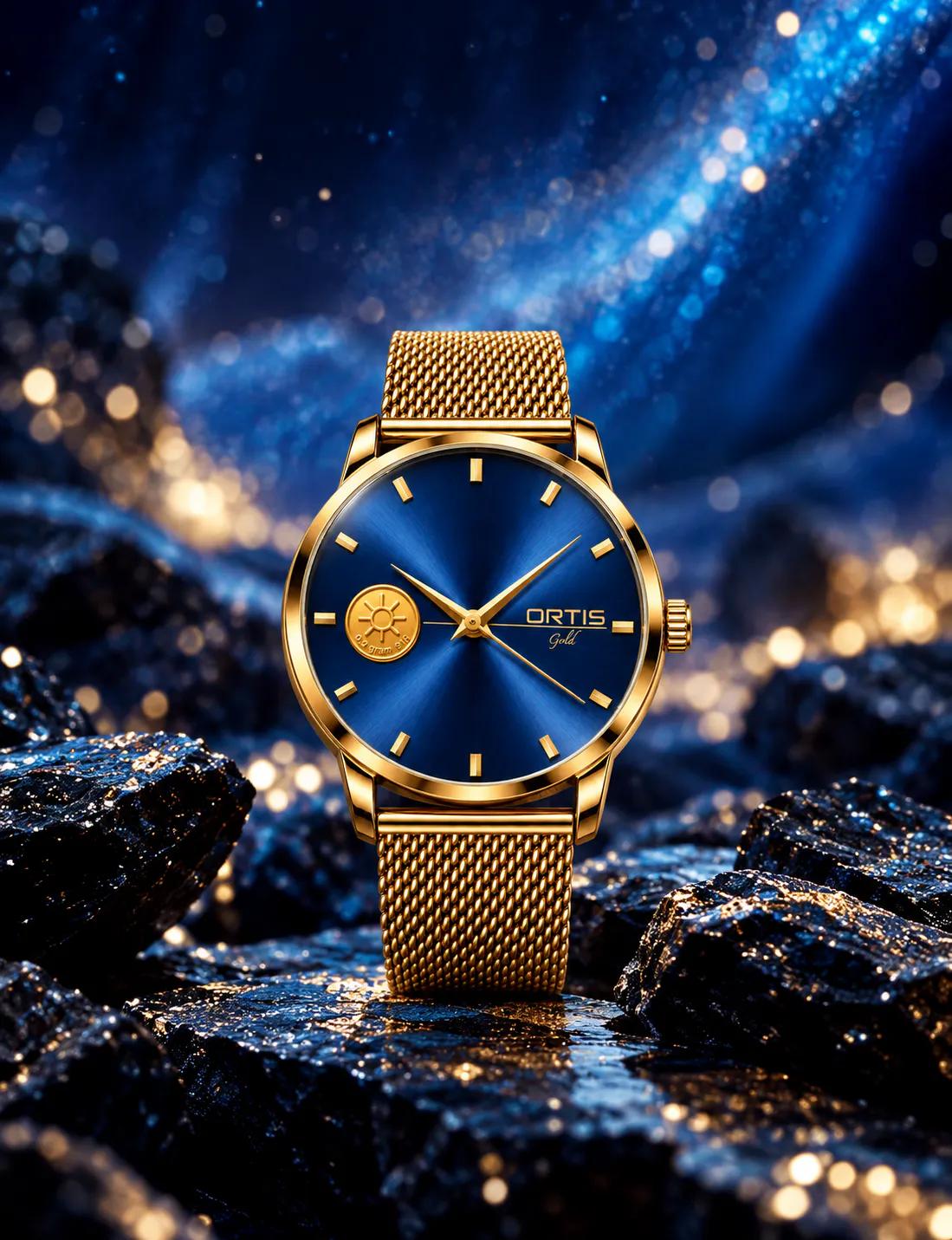 ORTIS men's blue dial watch on cosmic blue rocks