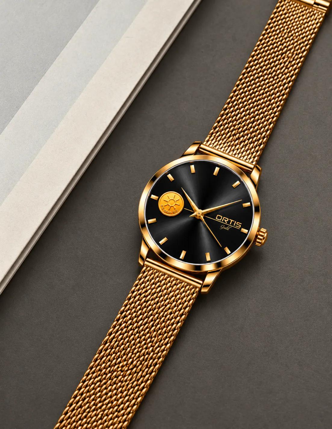 ORTIS men's black dial watch on dark background