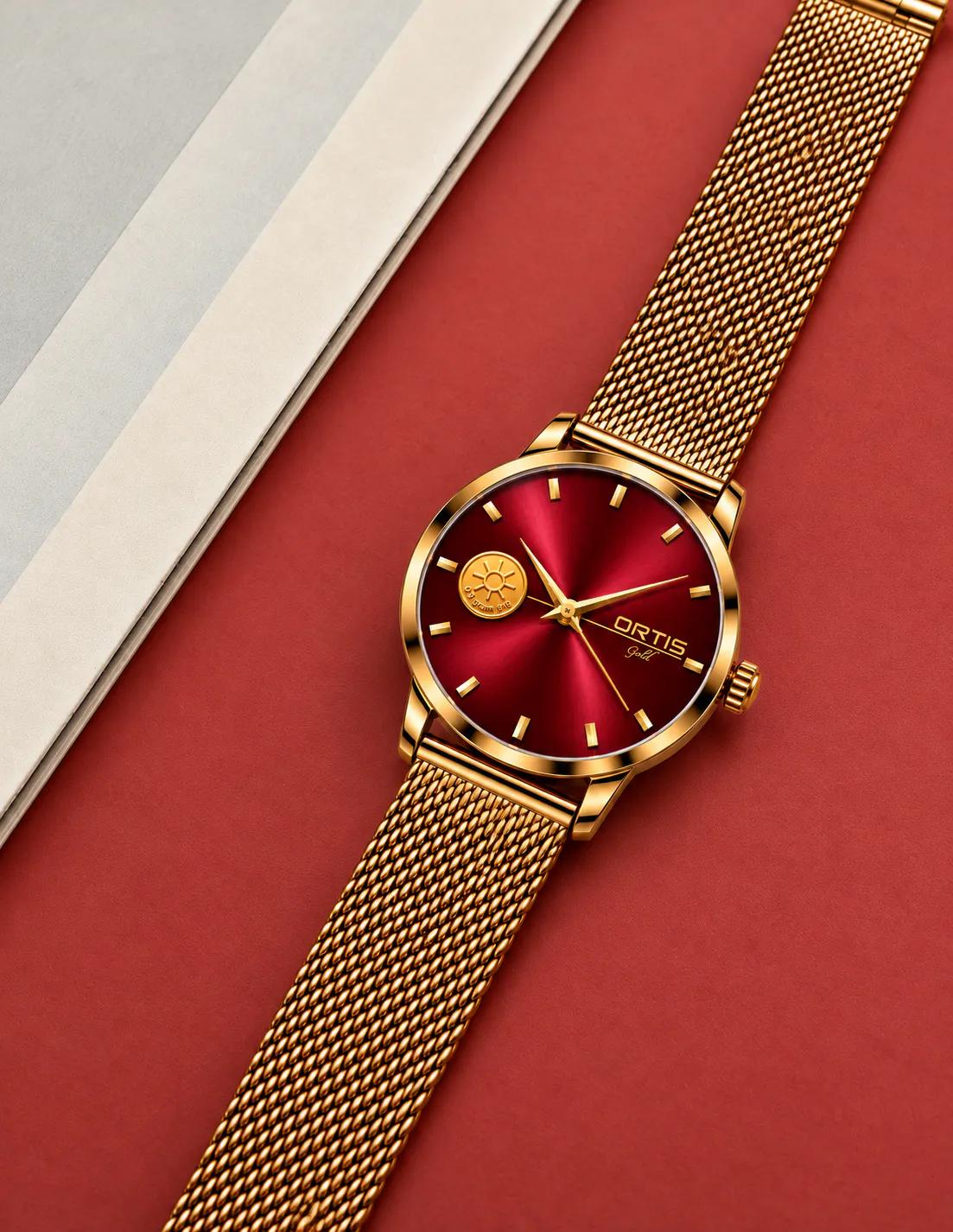 ORTIS men's burgundy dial watch on red background