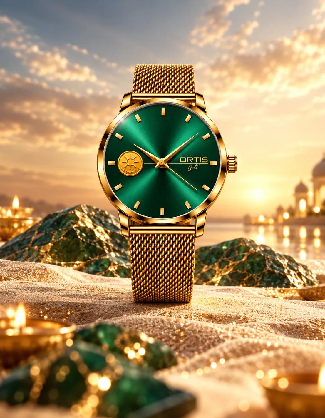 ORTIS men's green dial watch in festive setting