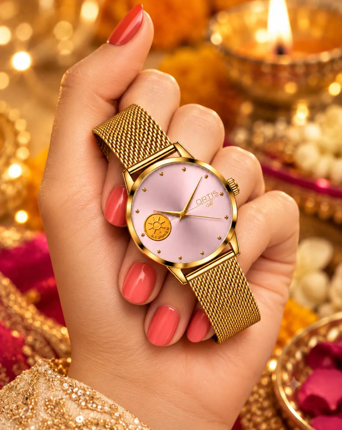 ORTIS women's pink dial watch held in hand, festive setting