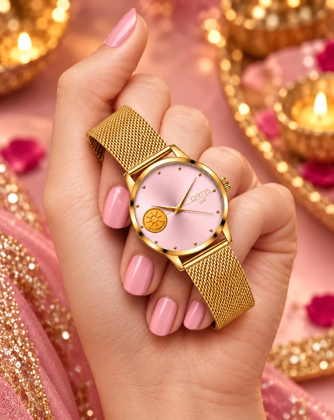 ORTIS women's pink dial watch held in hand