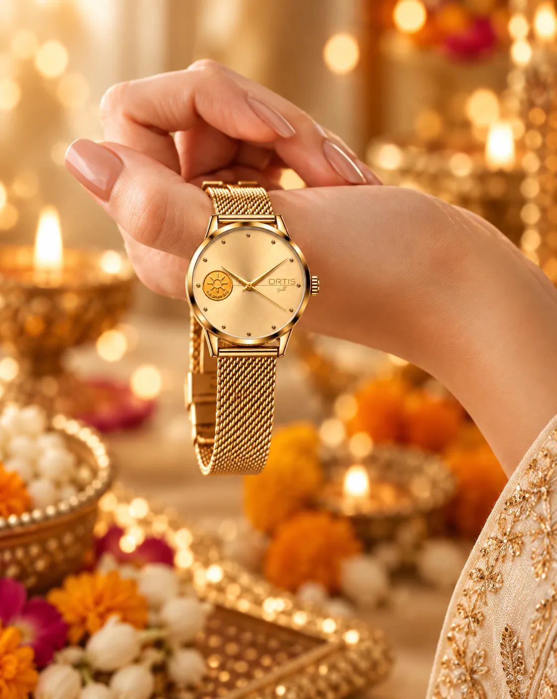 ORTIS women's champagne dial watch held at wrist
