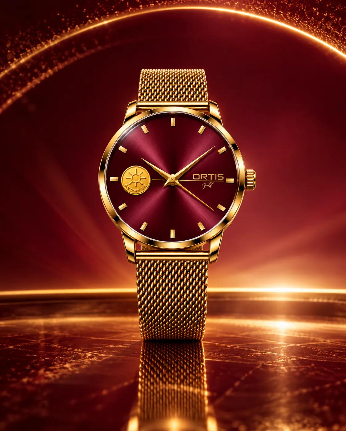 ORTIS men's burgundy dial watch in festive glow