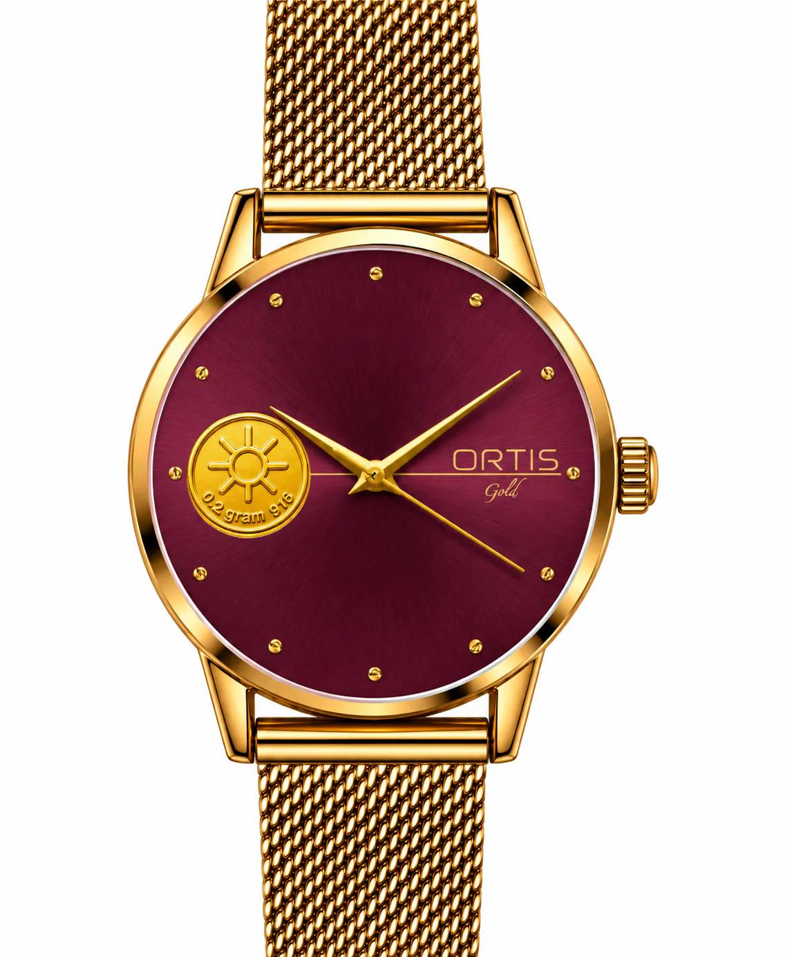 Burgundy Red Dial Gold Mesh Watch for Women