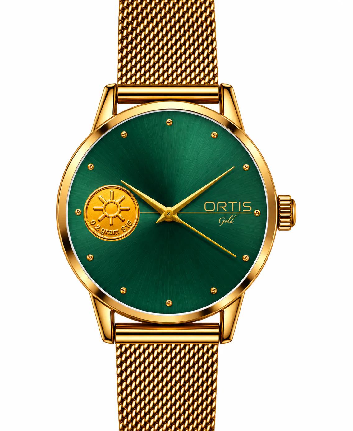Emerald Green Dial Gold Mesh Watch for Women