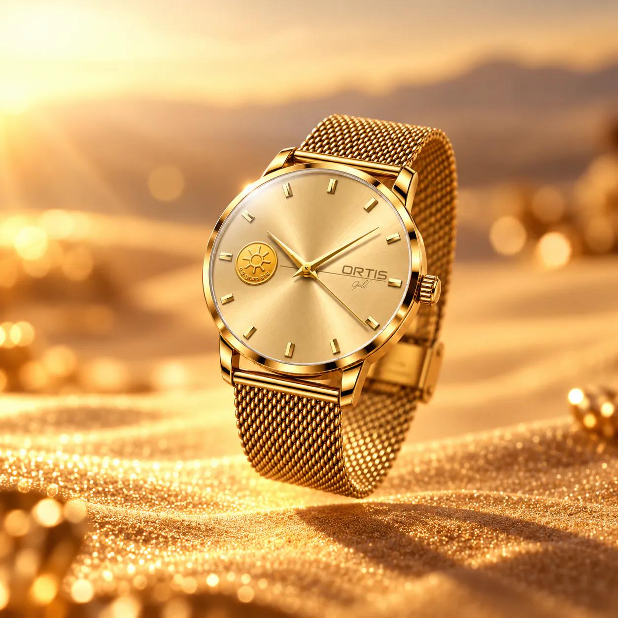 ORTIS men's champagne dial watch on golden sand