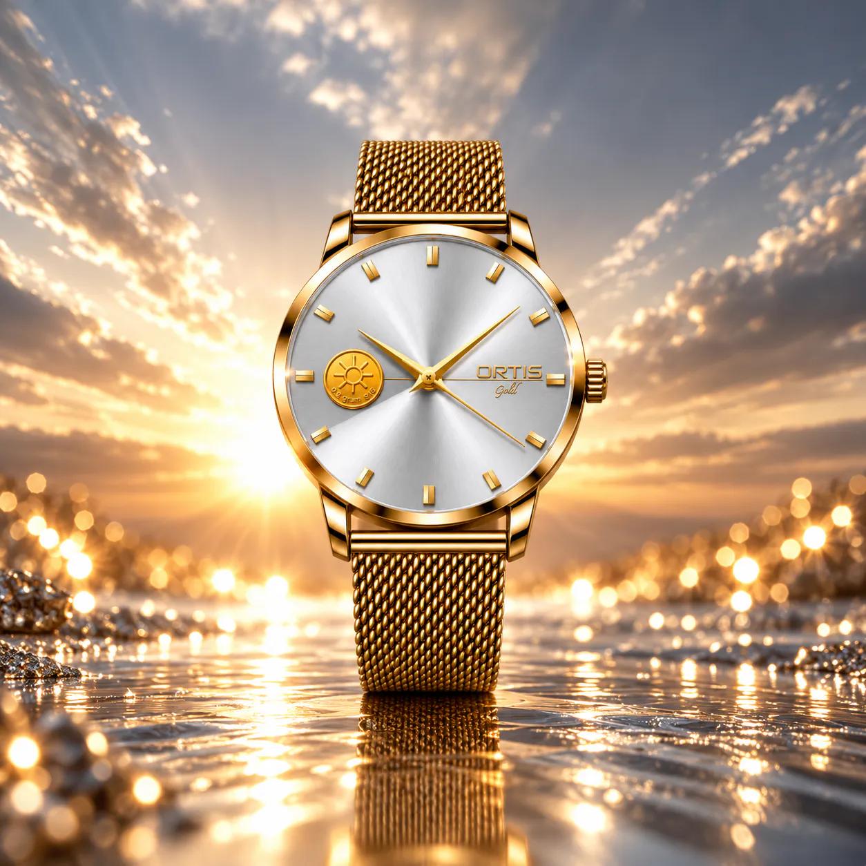 ORTIS men's silver dial watch at sunrise