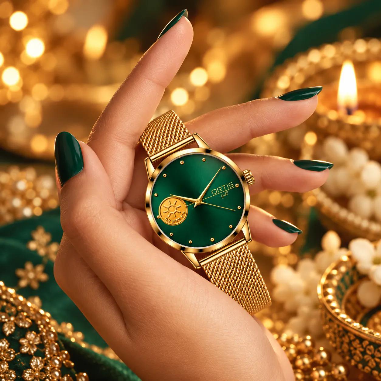 ORTIS women's green dial watch held in hand, festive setting