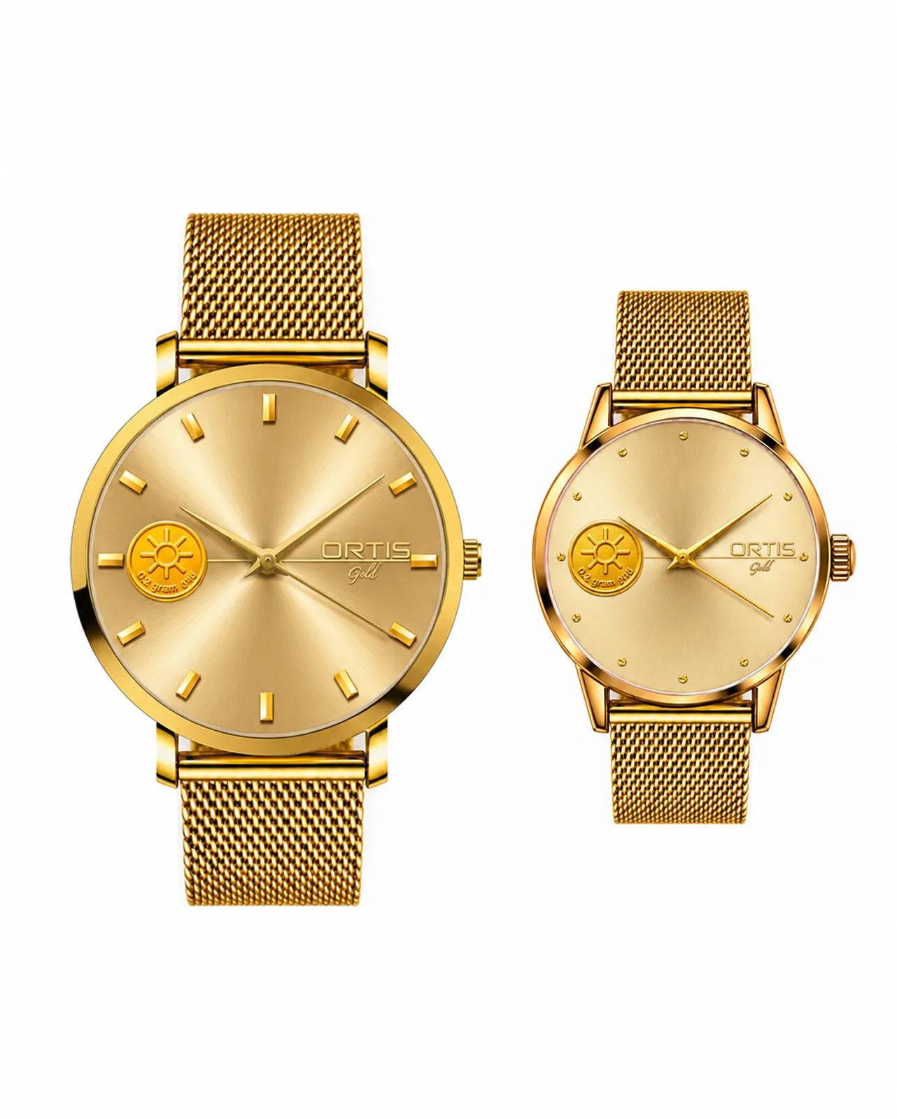 Champagne Dial Gold Mesh Couple Watch Set