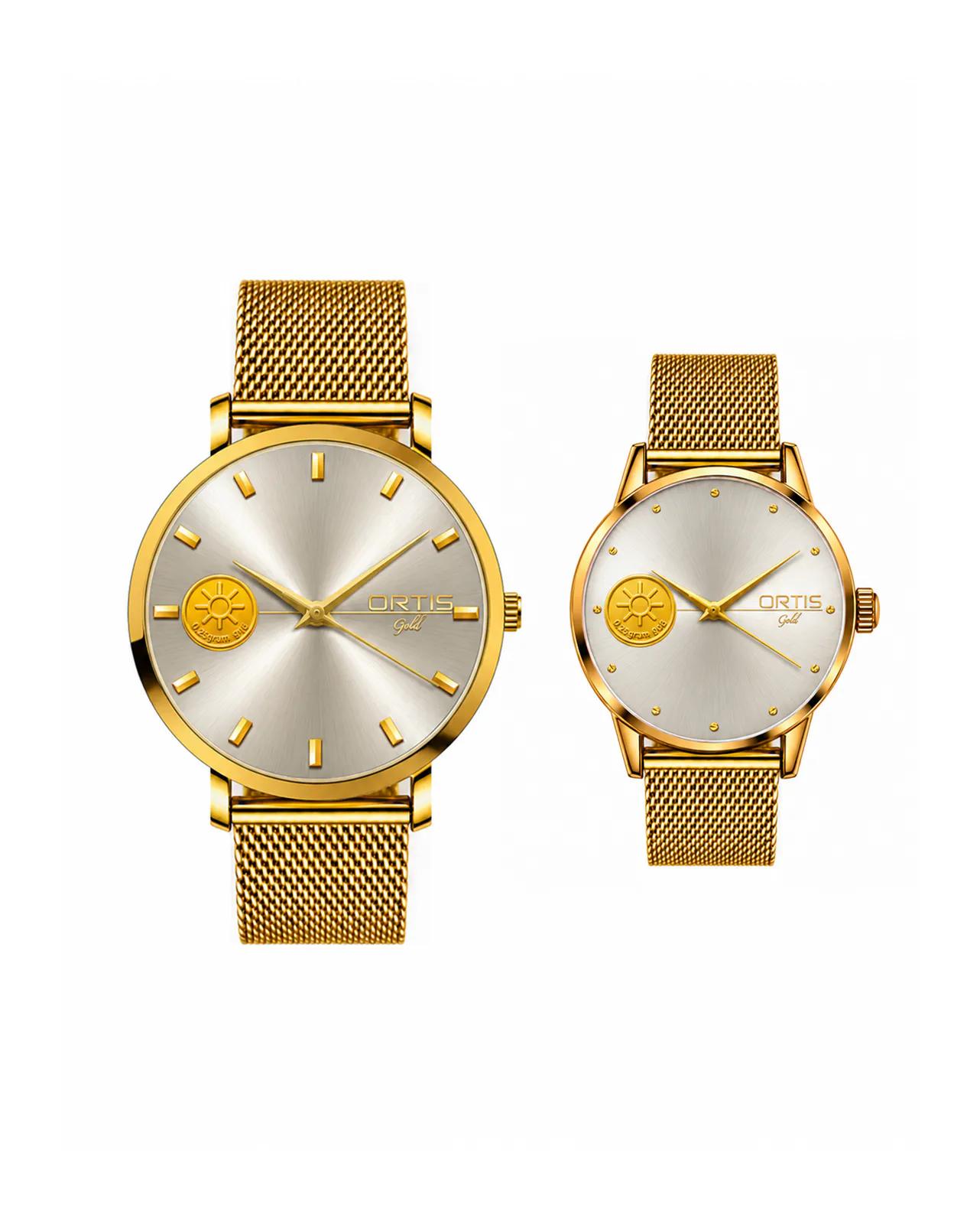 Silver sunray Gold Mesh Couple Watch Set