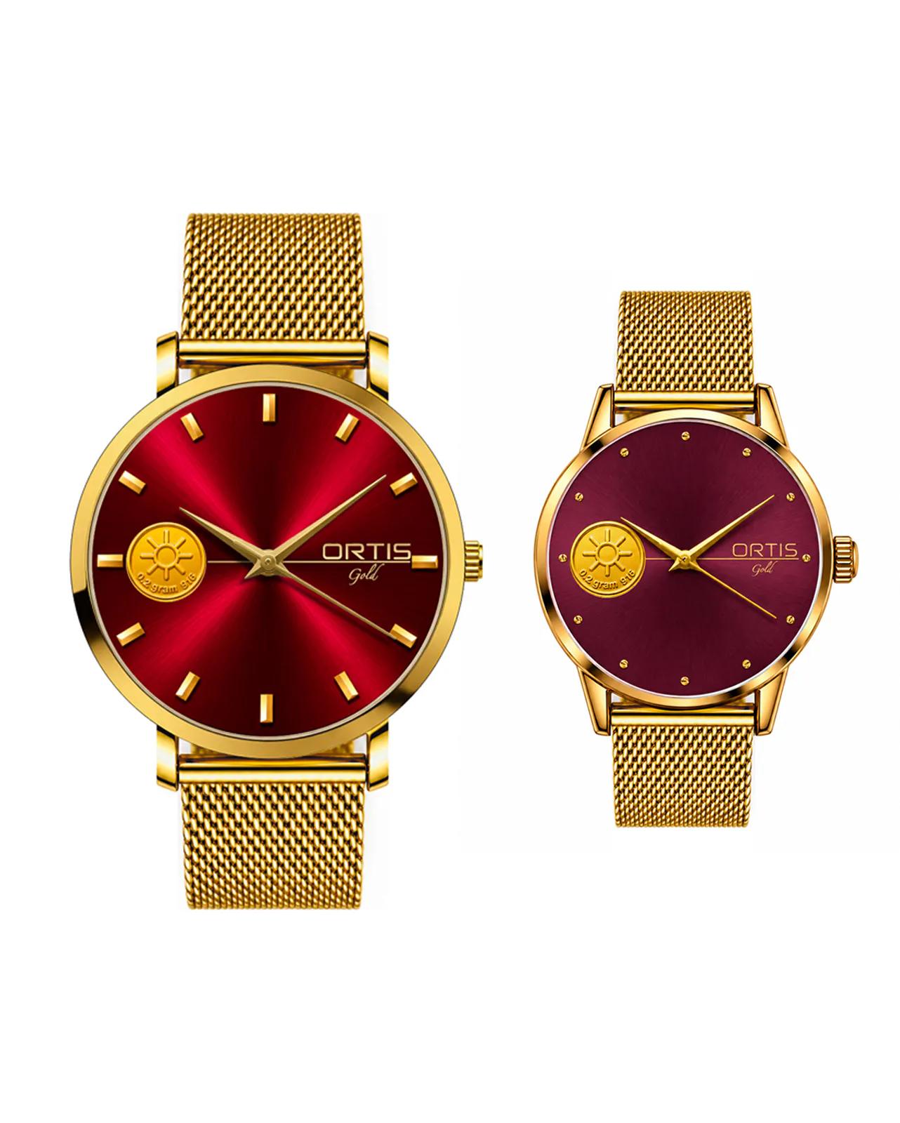 Burgundy and Pink Gold Mesh Couple Watch Set
