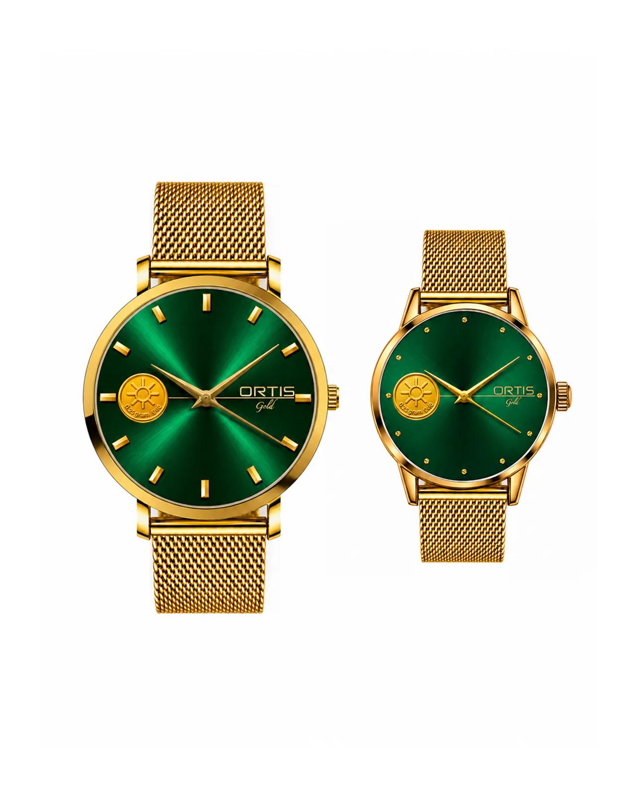 Emerald Green Gold Mesh Couple Watch Set