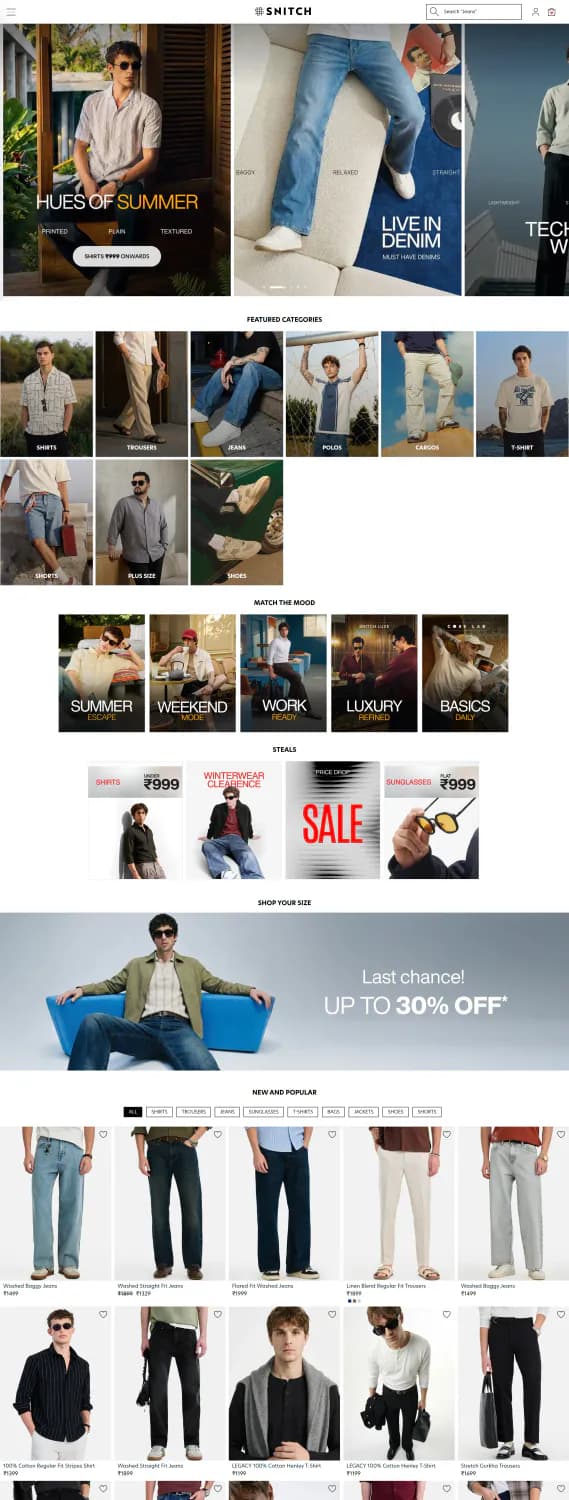 Menswear fashion store homepage with summer and denim banners