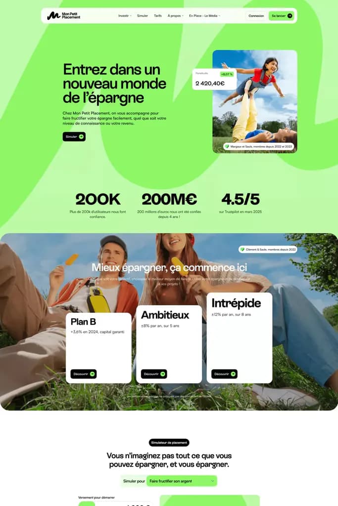 Green savings app website with a family photo and stats