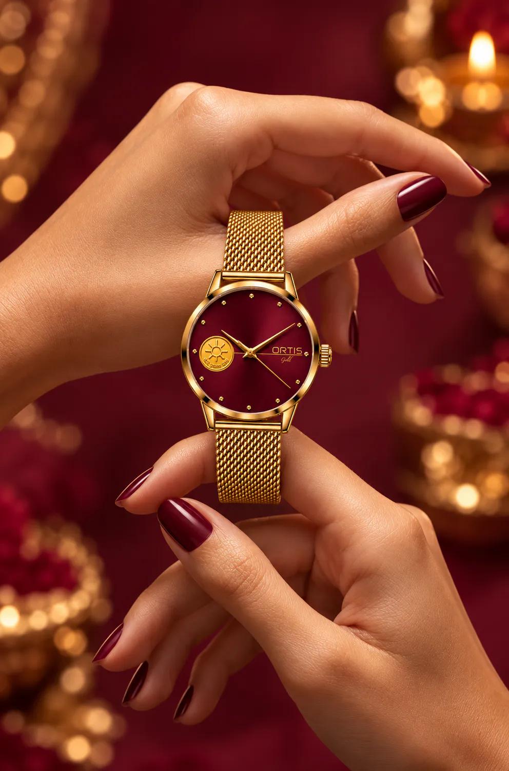 ORTIS women's burgundy dial watch held in hand